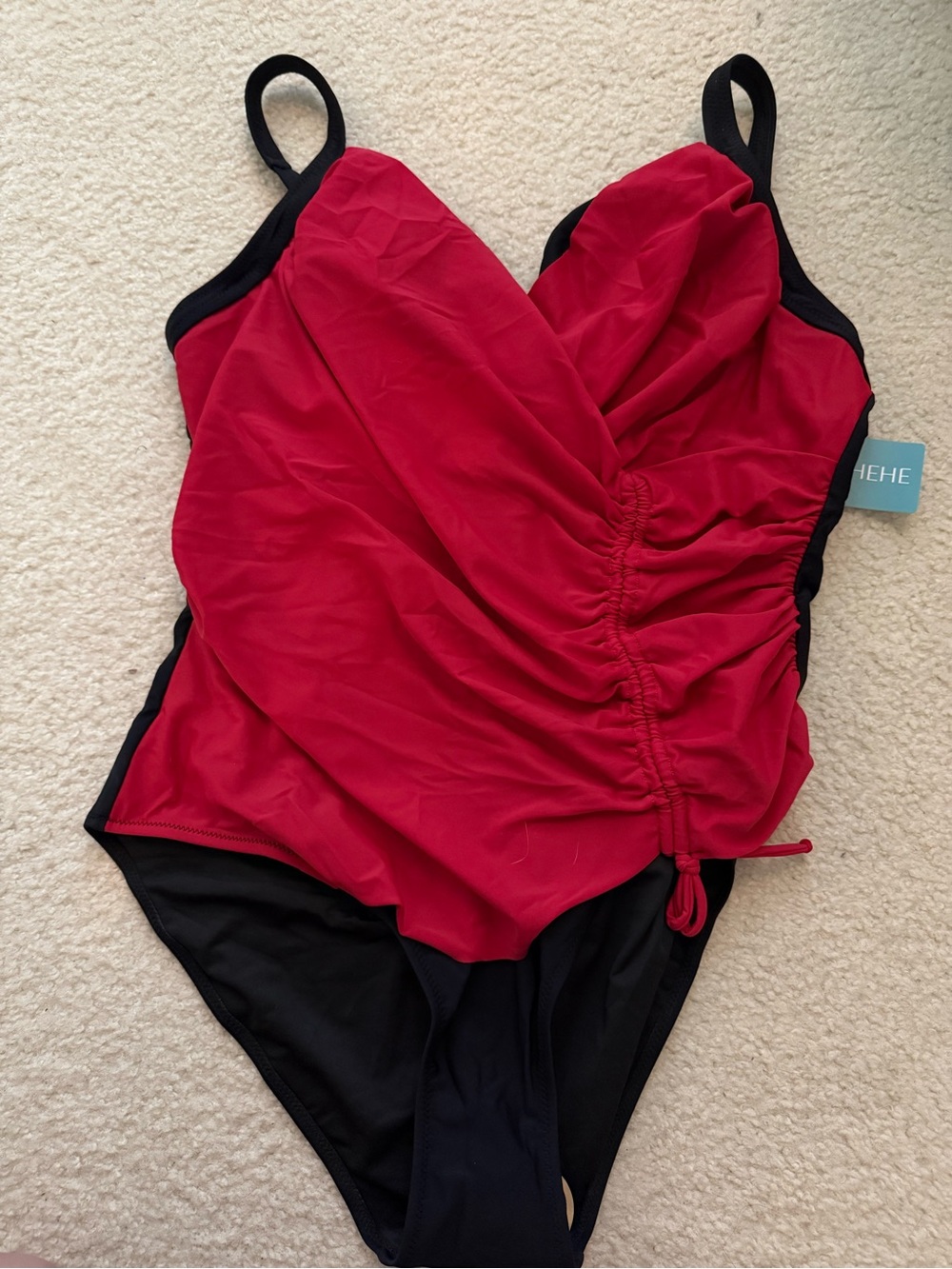 Red and Black One-Piece Swimsuit with Side Ruching